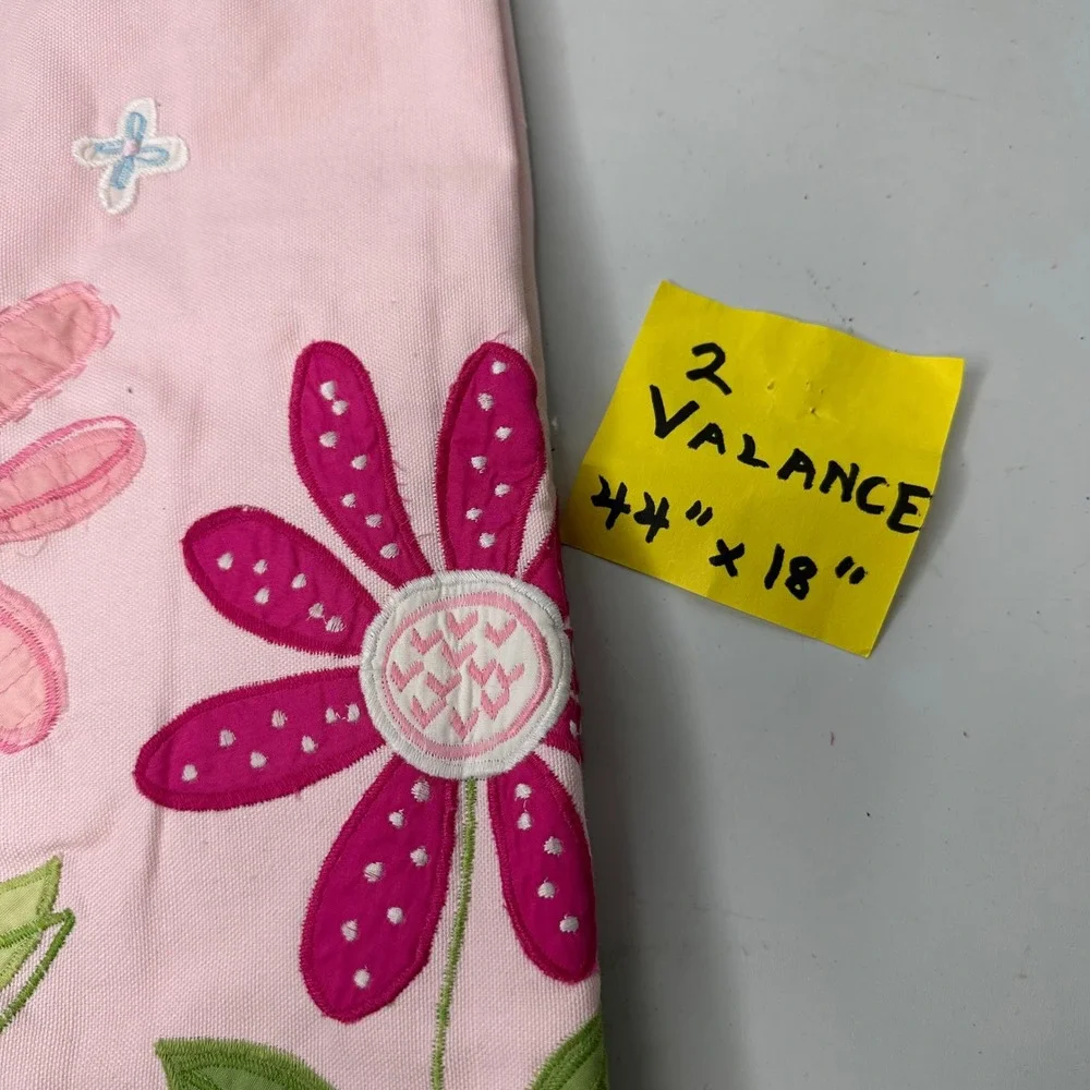 Pottery Barn Kids Pink Floral Embroidered Valance Set of 2 Gingham Trim 44x18